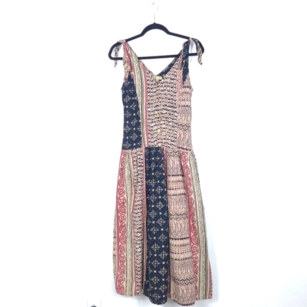 Boho Mixed Print Prairie Button Front Midi Dress